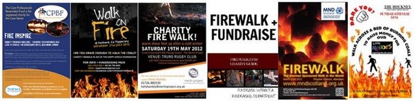 Examples of charity firewalking fundraising posters from the United Kingdom