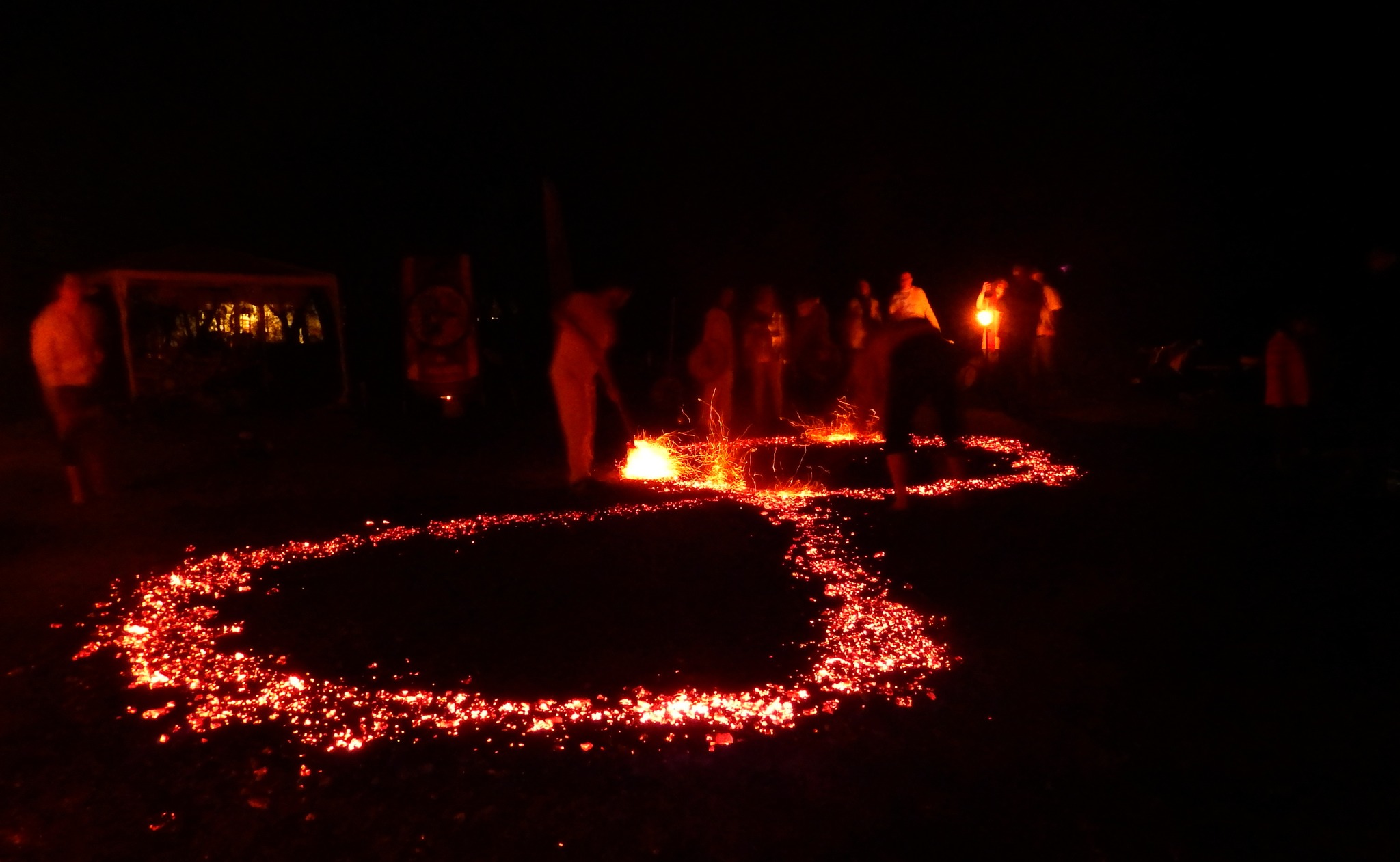 Participants moving through a repeated 108 firewalk pattern