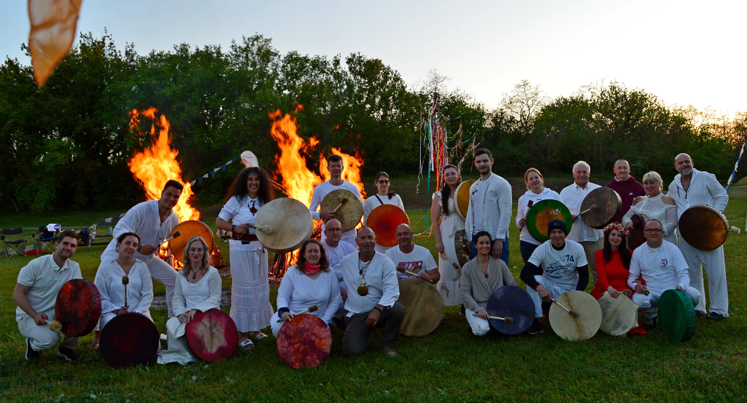 The Spring 2026 Four Seasons Firewalk community gathered with ceremonial drums before the fire