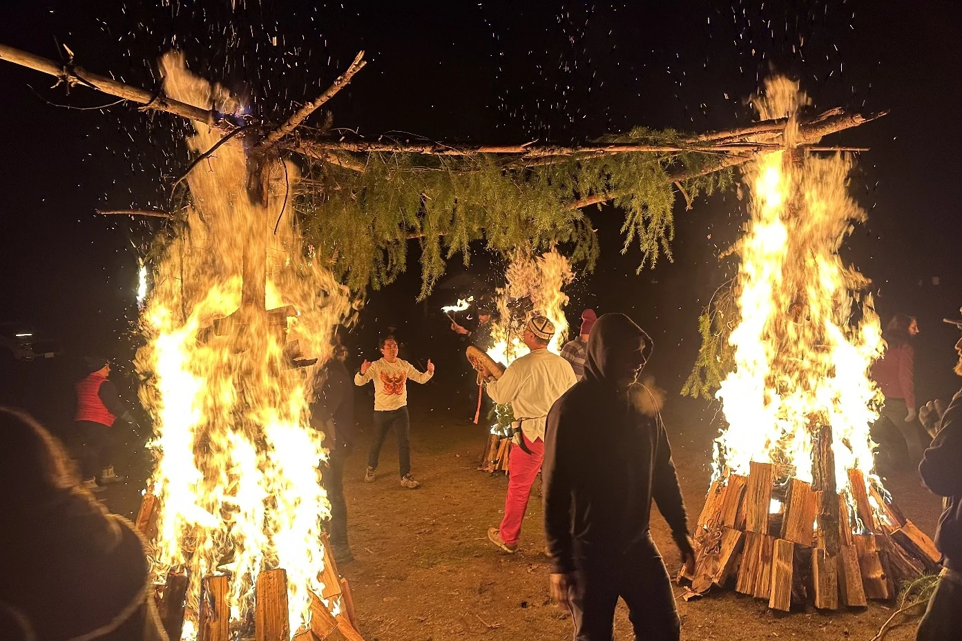 Two ceremonial fire gates at an advanced firewalking masters programme in California